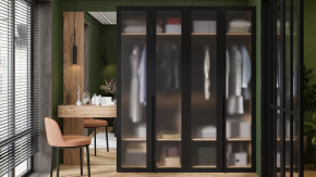 Спальный гарнитур «Порто» №4 Яблоня Беллуно/Графит/Стекло сатин черное в Муравленко - muravlenko.mebel-tymen.ru | фото